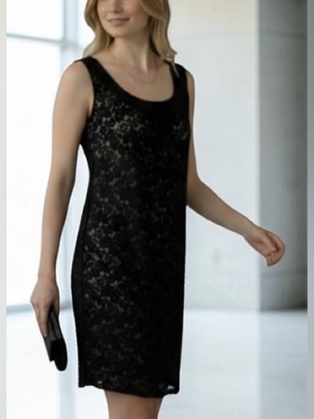 NWOT Karen Kane Black Floral Lace Fully Lined Sleeveless Midi Shift Dress Sz: L